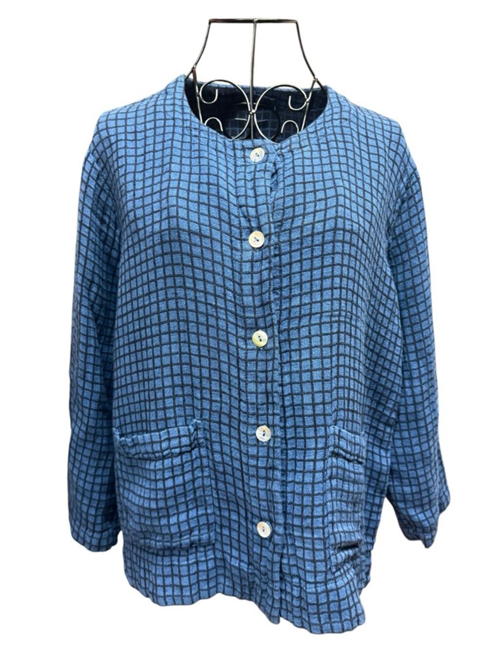 cut loose Blue Grid Linen Blend Button-Front Cardigan Small